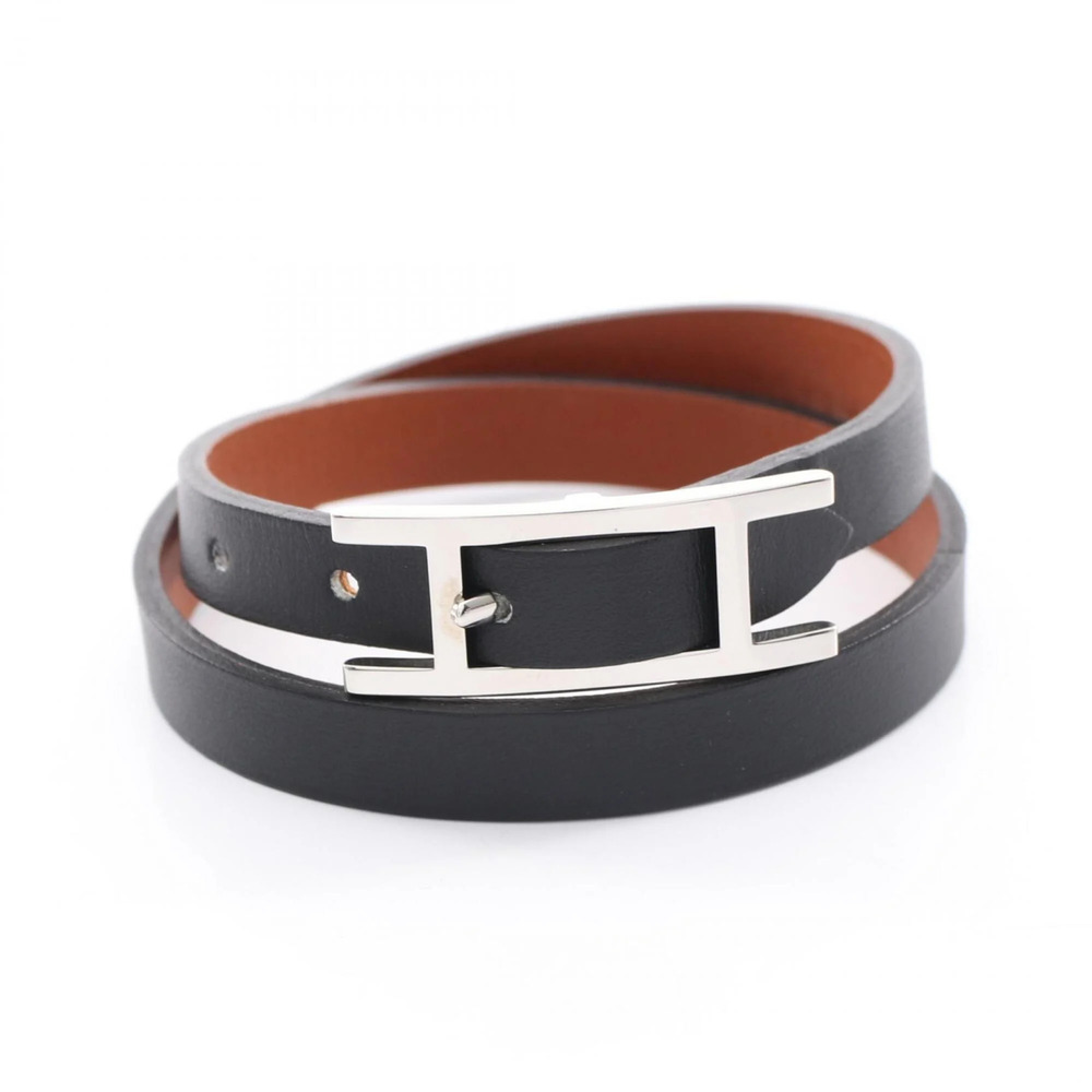 HERMES Black Leather Charm Bracelet